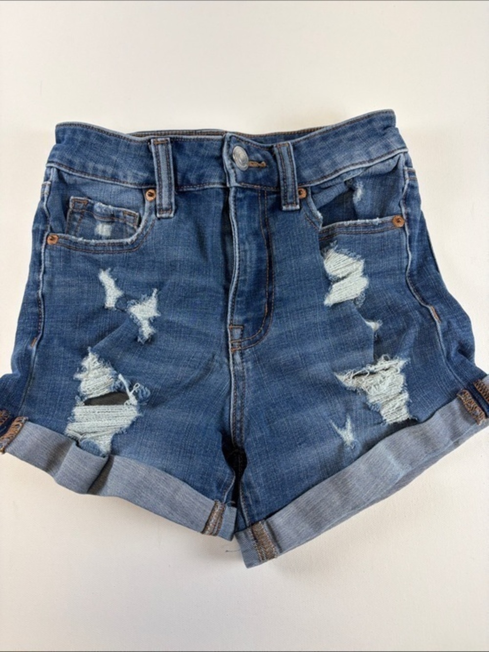 AEROPOSTALE SUPER HIGH RISE MIDI DISTRESSED DENIM SHORTS SIZE 0